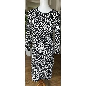 Ann Taylor Black White Leopard Print Sheath Dress Size 8 Tall 3/4 Sleeve